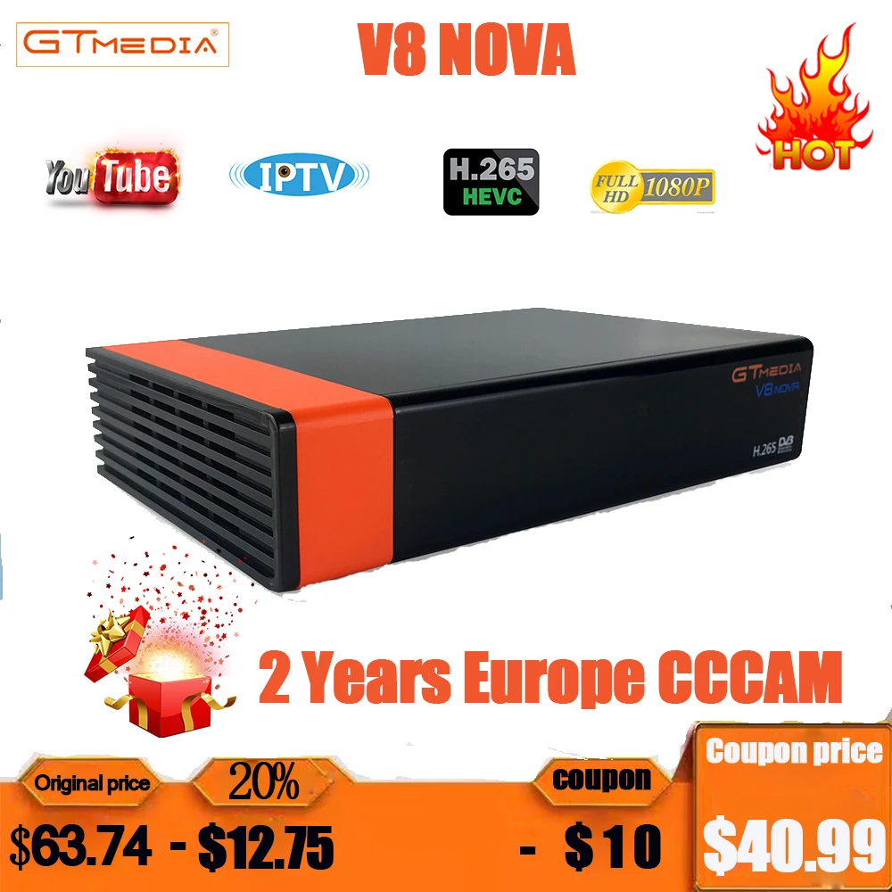

GTmedia Receptor V8 NOVA DVB S2 satellite receiver built in WIFI + 2 years cccam DVB S2 decoder H.265 support youtube TV BOX