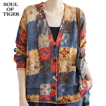 

SOUL OF TIGER Autumn 2020 Chinese Fashion Ladies Vintage Cardigans Womens Casual Printed Sweaters V Neck Loose Clothes Plus Size