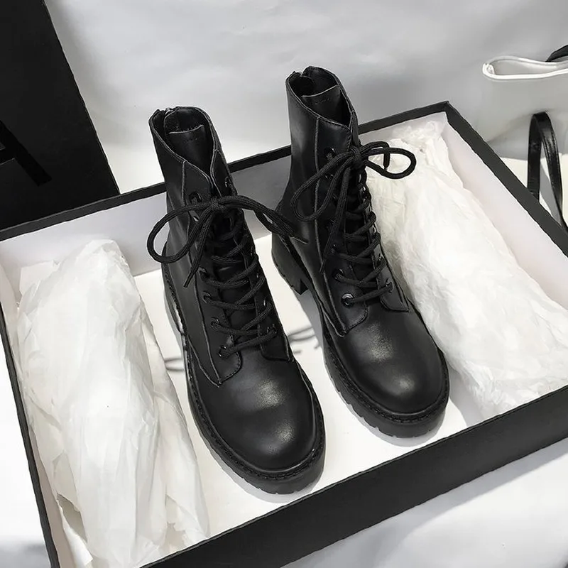 

Women Boots Motorcycle Shoes Platforms Ankle Boots Wedges Female Lace Up Platforms PU Leather Shoes Woman High Heels M1-30