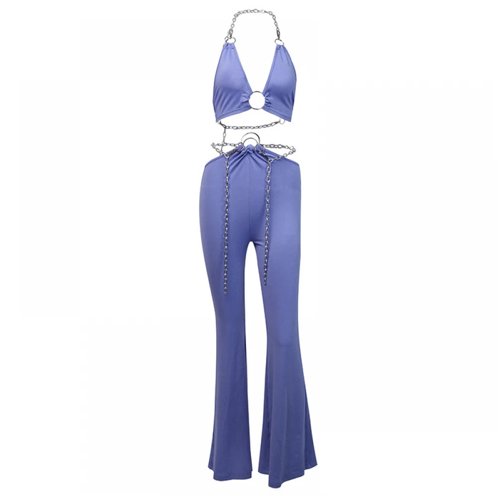 

Sexy Pink 2 Pieces Sets Deep V-Neck Camis And Flare Leggings Metal Chain Halter Front Hollow Out Skinny Backless Women Sexy Sets