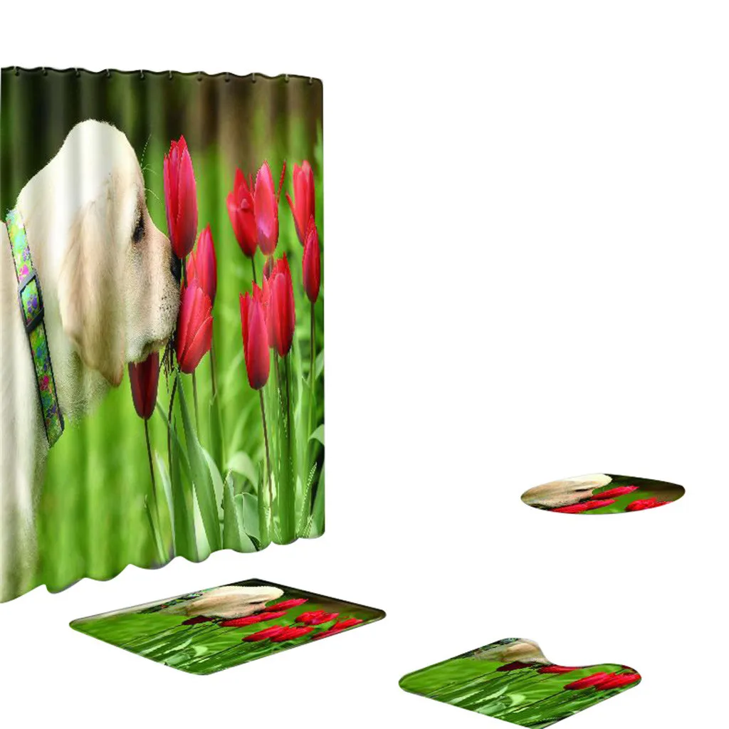 

4 Pcs Pet Dog Flowers Pattern Non Slip Toilet Polyester Cover Mat Set Bath Rug Mat Set Bathroom Accessories Shower Curtain Set