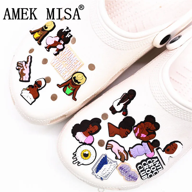 1pcs Black Couple Shoe Charms Tears Anti Accessories Designer Black Girls Rule Clog Shoes Buckle Soft PVC BLM Charm