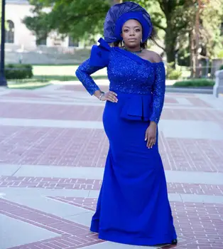 

Mermaid Royal Blue Evening Dress Top Sequins Plus Size African Prom Dresses Full Length Satin Nigeria Formal Party Gowns 2020