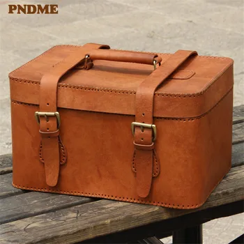 

PNDME high quality genuine leather suitcase handmade sewing natural cowhide large capacity outdoor travel jewelry storage box