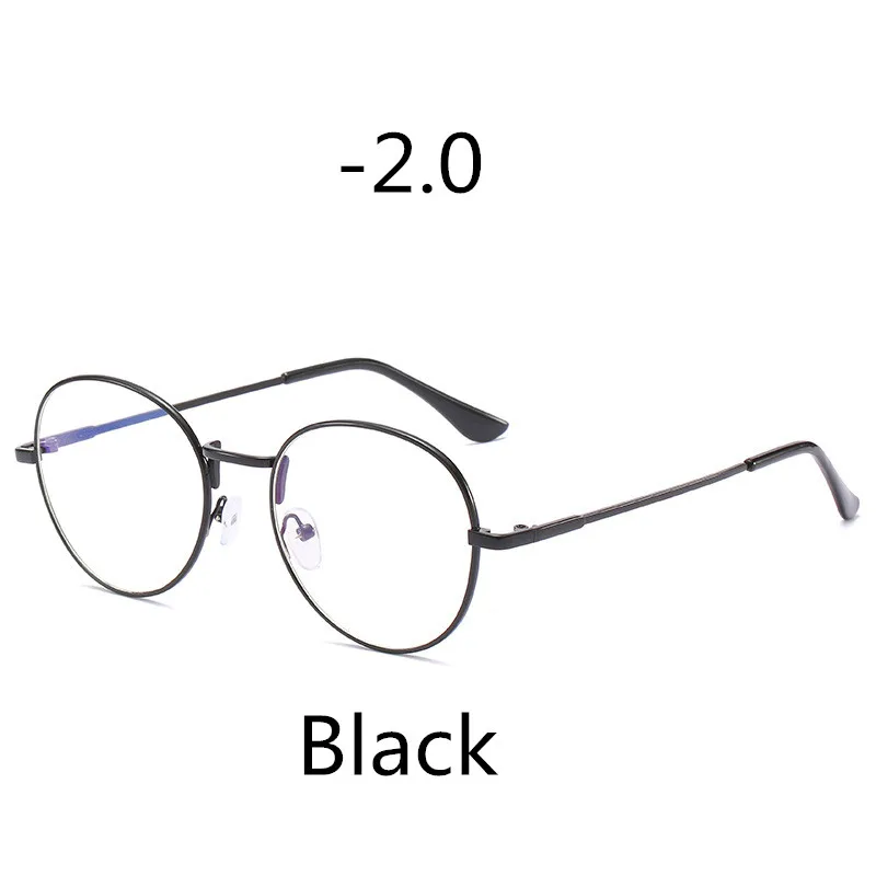 Elbru, анти-синий светильник, очки для близорукости, Женская круглая металлическая оправа, Короткие очки с градусом-1,0-1,5-2,0-2,5-3,0-3,5-4,0 - Цвет оправы: Black -200