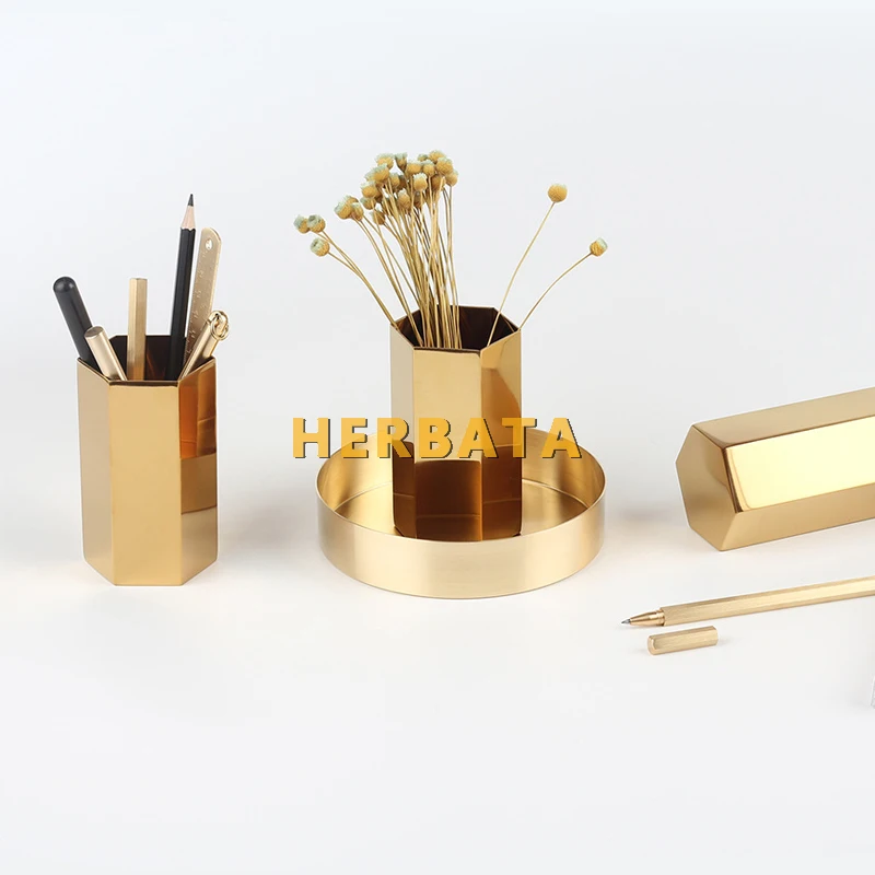 Pen Pencil Holder Gold Hexagonal Multifunction Desk Organizer Container Stainless Steel Desktop Storage for Home Office CL-2565