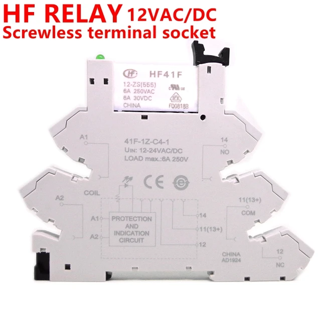 5 шт. 41F-1Z-C4-1 HF41F 5 в 12 В 24 В 6A 1CO тонкий релейный Безвинтовой клеммный носок с светодиодный и защитной схемой 24VDC/AC вафельное реле - Габаритные размеры: 12VDC 1CO 6A