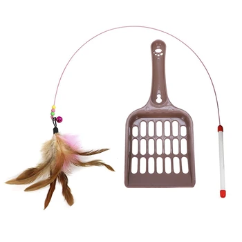 

Plastic Pet Cleaner Litter Scoop Ran Color & Cats Bouncy Rod with Bell and Feathers 36in
