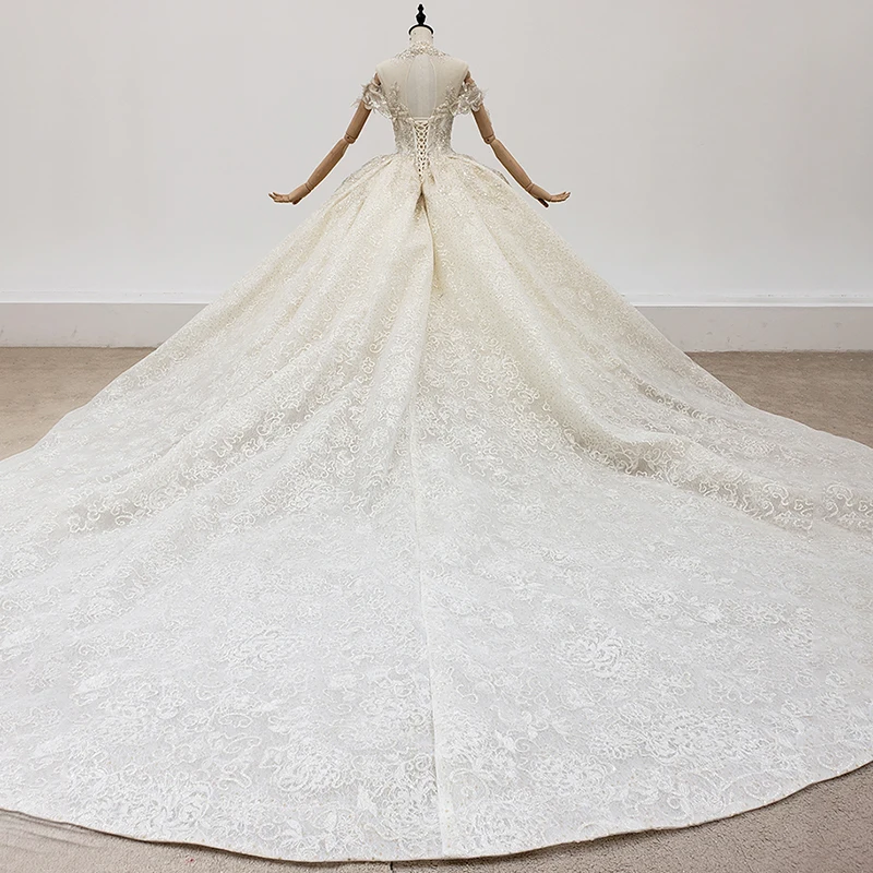 HTL1965 Elegant Extravagant Sequin Crystal Pearls Wedding Dress 2021 High Neck Short Sleeve Lace Up Back 2
