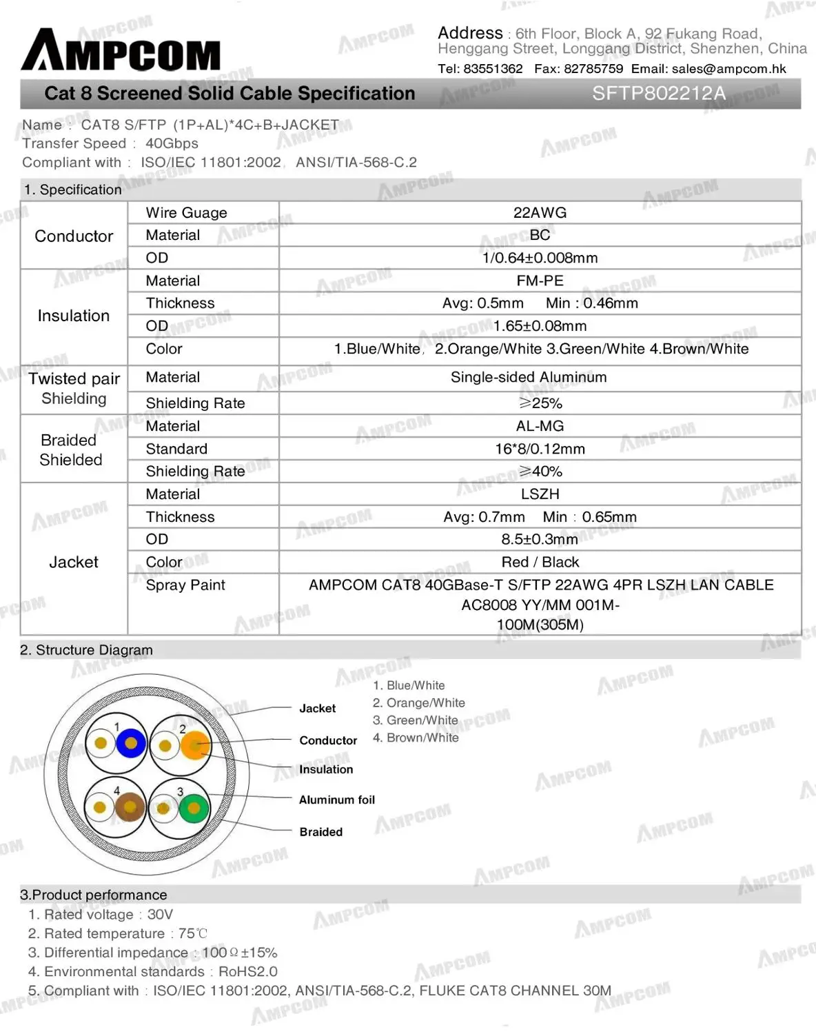 AMPCOM сетевой RJ45 Ethernet кабель компьютерный 10 Гбит/с Cat8 Cat7 Cat6A предварительно