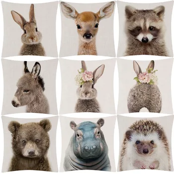 

Bunny Donkey Fox Deer Hedgehog Bear Cock Duck Hippo Baby Animals Cushion Cover Beige Linen Pillow Case Sofa Decoration