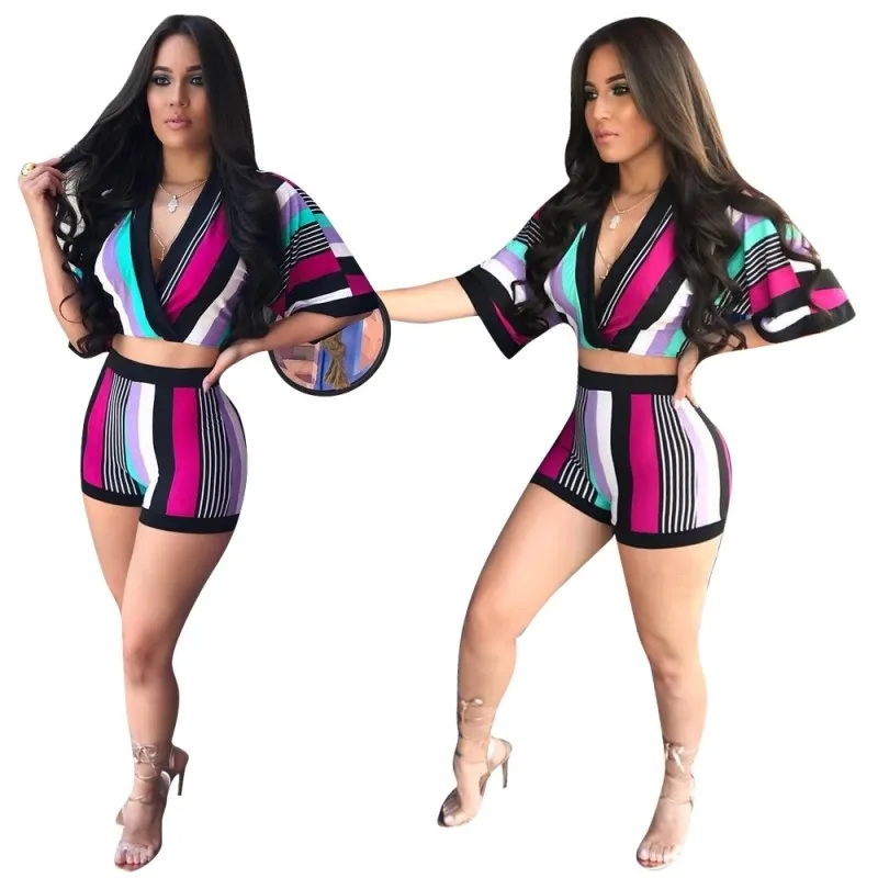 

Nice Summer Deep V-Neck Short Sleeve Street Suits Crop Tops And Shorts Two Piece Set Women Striped Print Sexy Outfits