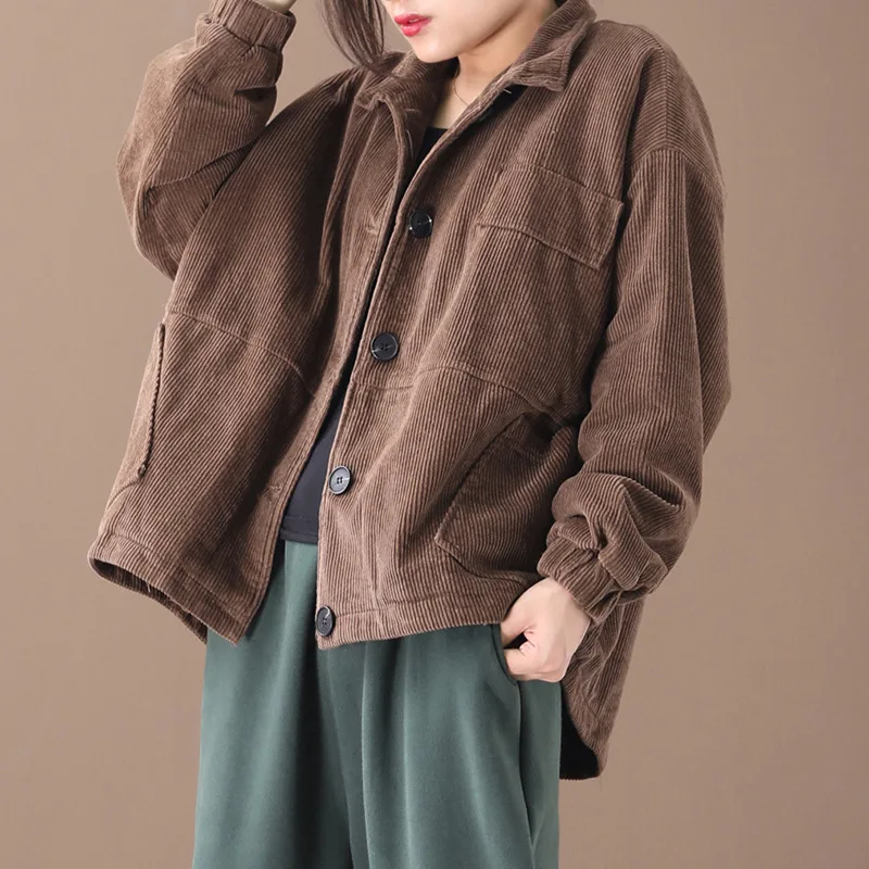 Вельветовое осенне-зимнее Новое свободное толстое стеганое вельветовое хлопковое пальто большого размера короткая женская куртка - Цвет: Коричневый
