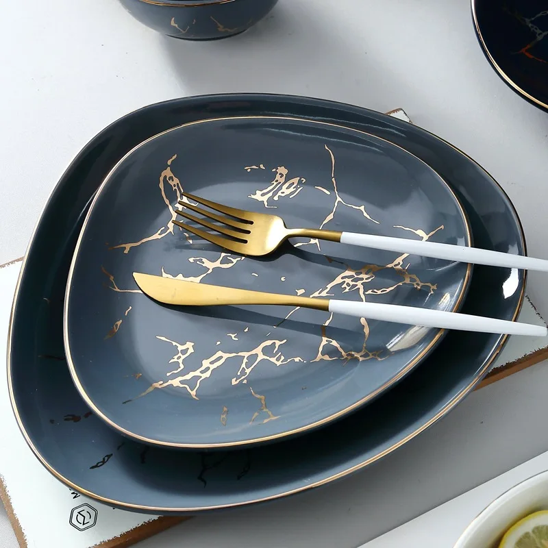 

New Nordic style ceramic Phnom Penh plate golden marbling tableware Western plate steak plate rice bowl salad bowl