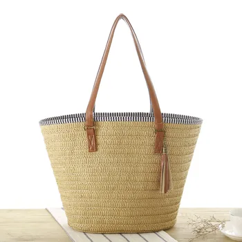 

New European and American Simple Shoulder Woven Bag Fashion Tassel Pendant Straw Bag Beach Handbag