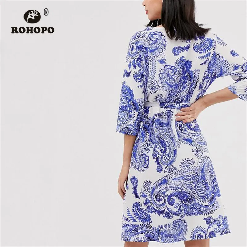 ROHOPO небесно-голубое платье-кимоно с коротким рукавом и поясом, винтажная туника с цветочным принтом, элегантное женское платье#2365