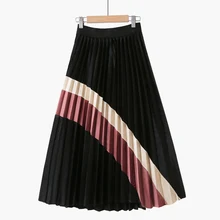 Осень-зима, трапециевидные бархатные миди длинные юбки, Женская мода, Корейская плиссированная Лоскутная шерстяная юбка с высокой талией для женщин