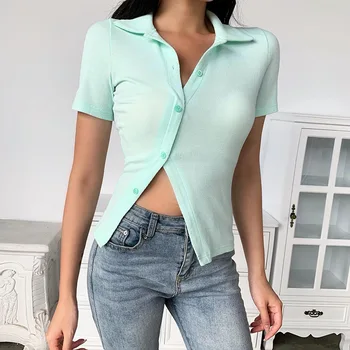 

2020 summer new solid color lapel short sleeve casual fashion high-end quality irregular button door T-shirt female