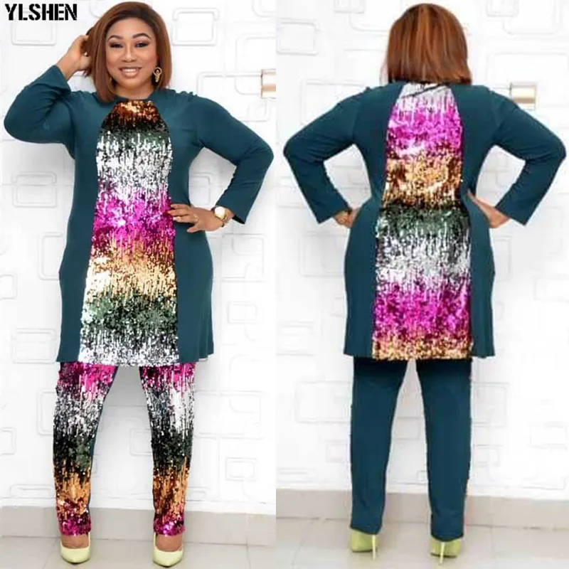 2 Piece Set African Clothes Super Size Dashiki Tops + Pants Suits African Dresses for Women Bazin Riche Africa Clothing for Lady 004