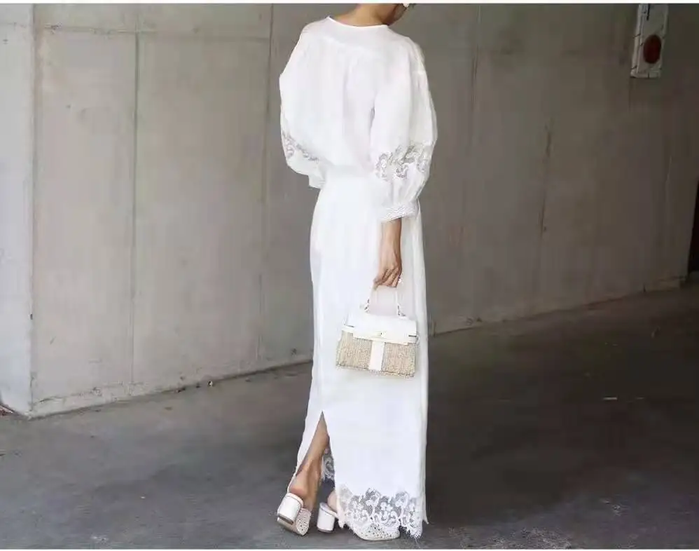Весенне-осеннее белое кружевное Макси Длинное свободное кружевное платье Boho с круглым вырезом женское платье вечернее длинное дамское летнее платье