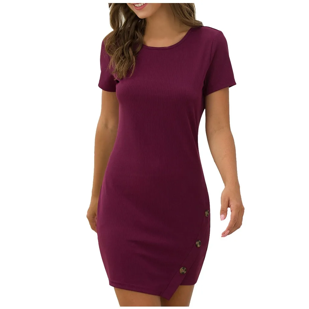 Dress Women's Dress Sexy & Club Dress Women Short Sleeve Button O-Neck Solid Color Womens Dresses For Celebrations And Parties