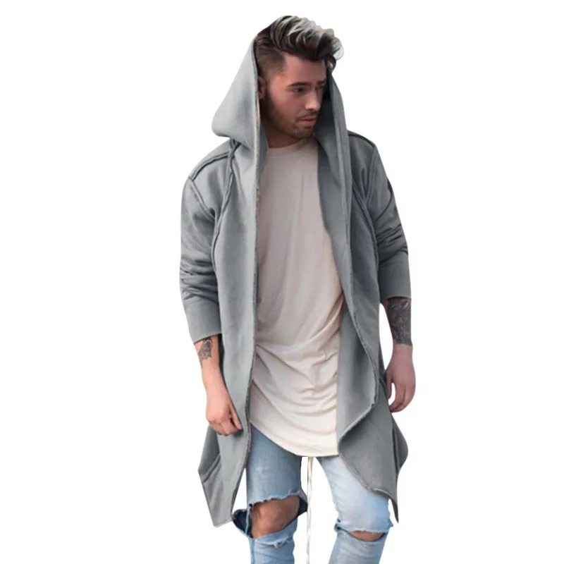 Gray Style B Винтажные мужские осенне-зимние толстовки, куртка, длинный кардиган, пальто, Повседневная Хип-хоп однотонная куртка с карманами, верхняя одежда с капюшоном, Veste Homme - Цвет: Gray Style B