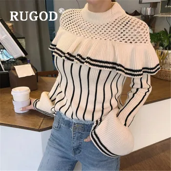 

RUGOD Spring Ruffle Sweater Stripe Pullover Hollow-out Jumper Winter Tops For Women Korean Style Womens Sweaters 2019 Knitwear