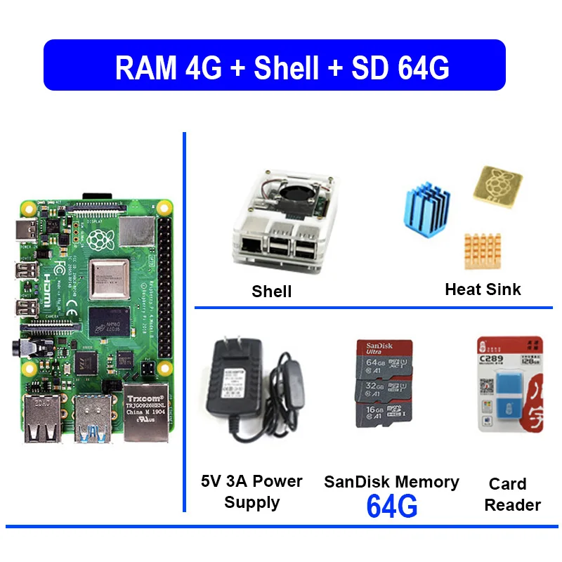 Raspberry Pi 4 Модель B 4B С ОЗУ 4 ГБ 1,5 ГГц 2,4/5,0 ГГц wifi Bluetooth 5,0 корпус Охлаждающий радиатор блок питания - Комплект: Normal Shell SD 64GB