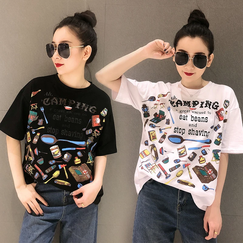 

2020 Spring-Summer New Western Style Half-Sleeve Top Korean-Style Print round-Neck Loose-Fit T-shirt Women's-