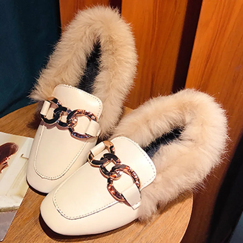 winter warm slip-on moccasins long plush square toe metal chain flats loafers luxury furry rabbit hair lazy espadrilles footwear 3