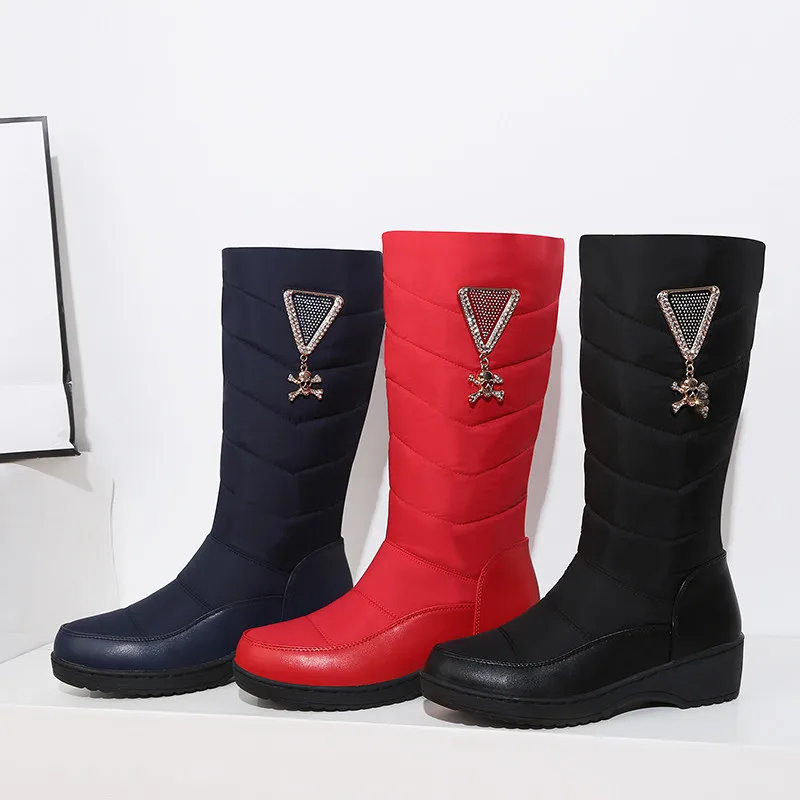 

Black Red Blue Crystal Metal Decor Winter Mid Calf Snow Boots Women Warm Plush Down Cotton Chunky Heels Female Shoes