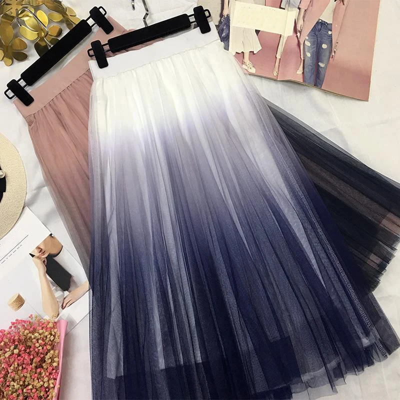 

Women Casual Lace Skirts Sweet Pleated Lace Patchwork A-Line Skirts Summer Female Elastic Waitst Knee-length Mesh Skirts