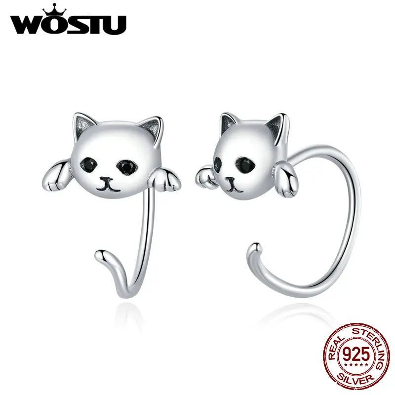 WOSTU 2020 Earrings 925 Sterling Silver Cute Cat Love Small Free-Pick Design Stud for Women Jewelry FIE965 | Украшения и