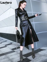 Lautaro Spring black maxi leather dress women long sleeve zipper corset Long tight dress Faux Leather dresses for women 2022 - Image 3