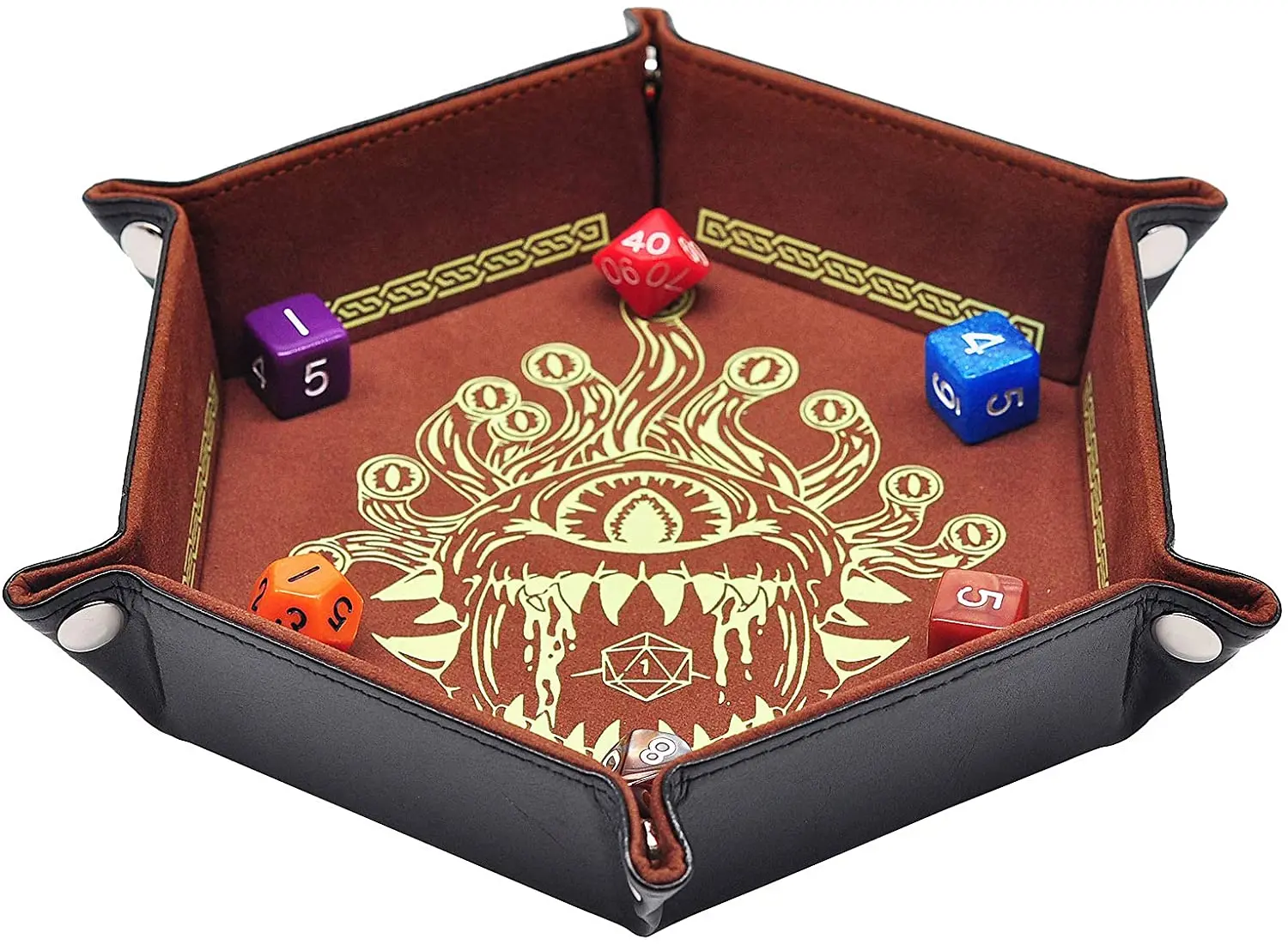 D&d Dice Tray Pu Leather Hexagon Dice Holder Printed With Beholder