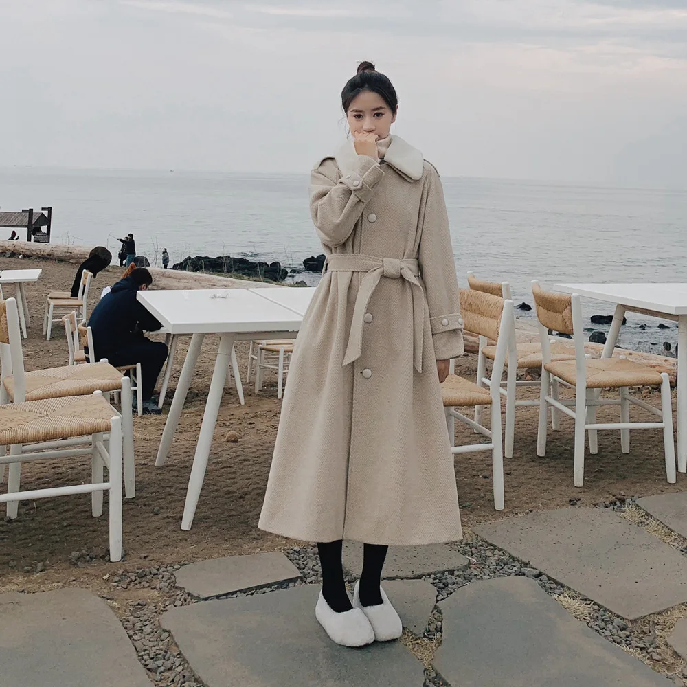 

Photo Shoot 2018 Winter New Style Korean-style WOMEN'S Wear Retro CHIC Rabbit Fur Collar Herringbone Woolen Jacket Woolen Overco