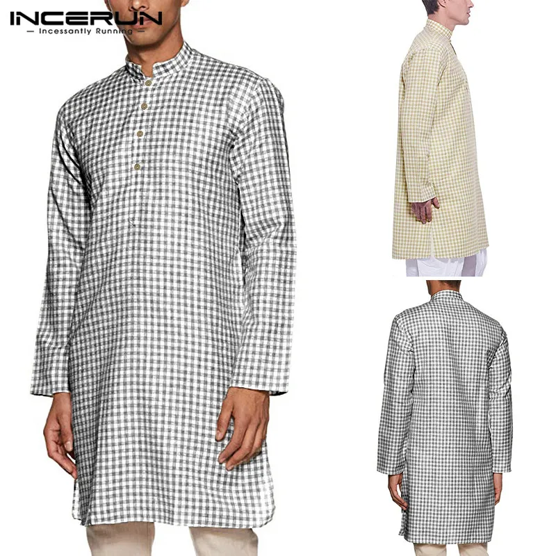 

Men Long Shirts Vintage Plaid Shirt Man Casual Long Sleeve Stand Collar Robe Loose Muslim Kurta Blouse Streetwear Tops INCERUN