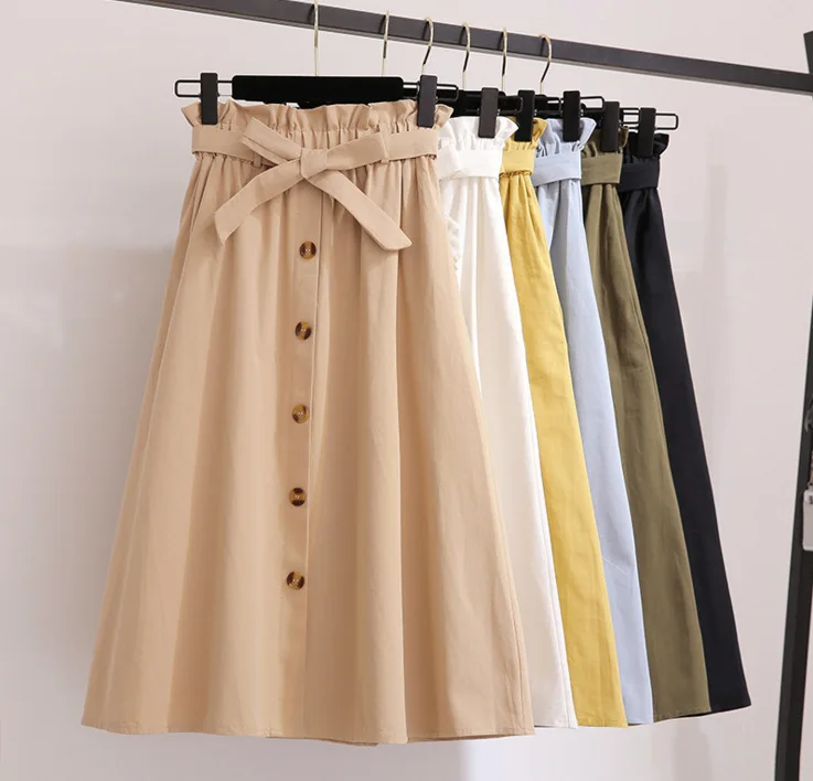 Women Skirts High Waist Skirt Women Midi Skirts Womens A-line Skirt Elastic Waist hin RetroTrench Style Belt Pocket