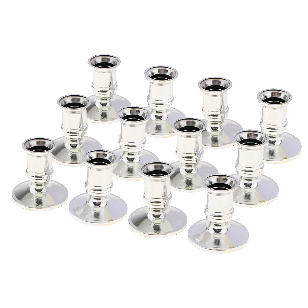 12pcs Plastic Chamberstick Tapered Pillar Candle Base Holder Pedestal Silver