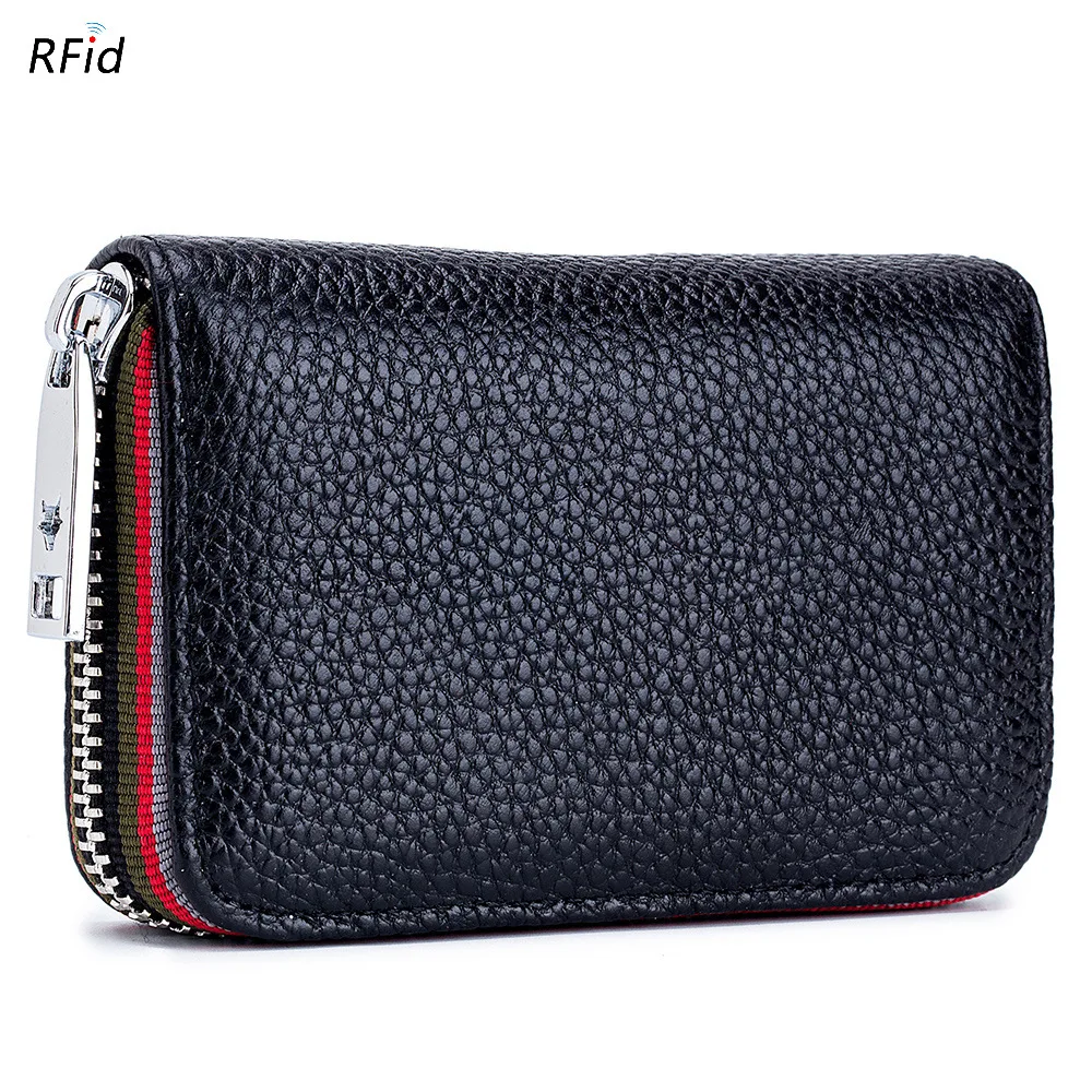 Genuine Leather Men Women Card Holder Small Zipper Wallet Solid Coin Purse Accordion Design rfid ID Business Credit Card Bags wallet card holder
