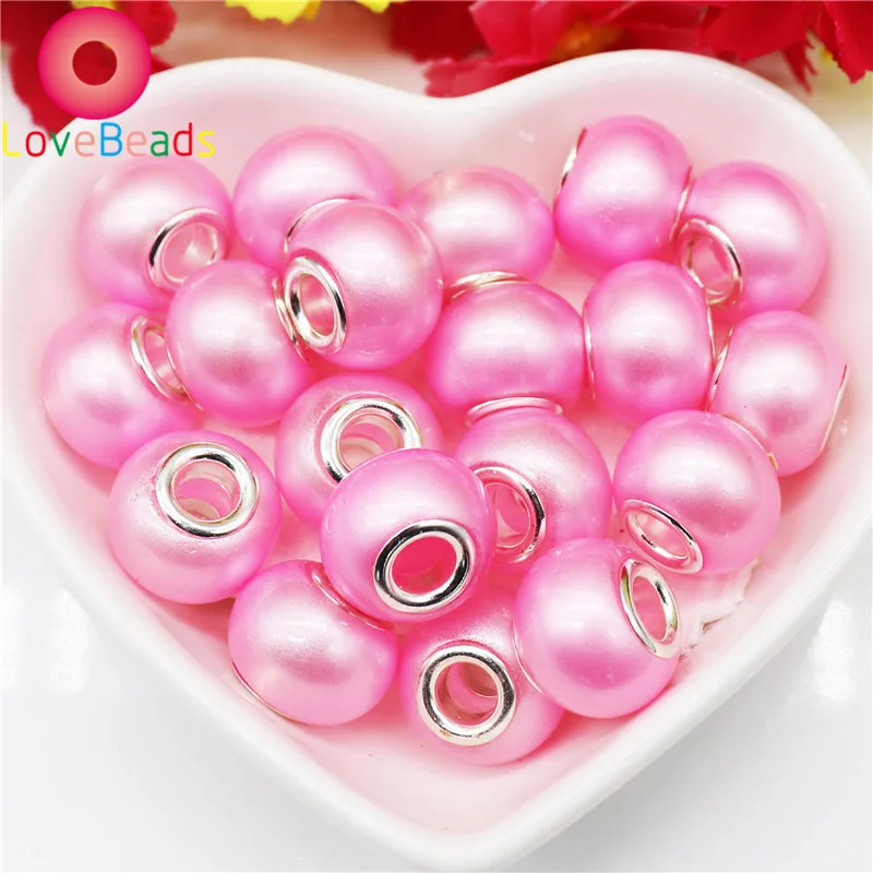 

10Pcs Pink Pearl Beads 5MM Large Hole Silver Plated Core Fit For Pandora Bracelet Chain Spacer Pendant Charms Women Hair Beads
