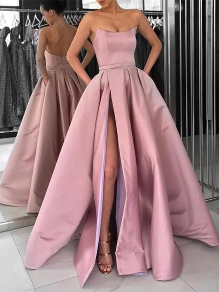 photo pink color Элегантное платье без бретелек покроя A-Line Высокий разрез Атлас Выпускные платья Burgundy длинное темно-синее вечернее платье с карманами, торжественное платье - Цвет: photo pink color
