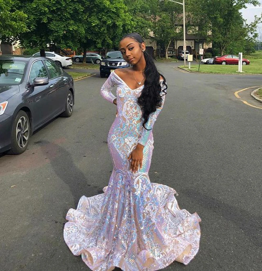 Long Elegant Prom Dresses 2022 V-neck Off The Shoulder Long Sleeve Mermaid Style Sparkly Sequin African Black Girls Prom Gowns pretty prom dresses