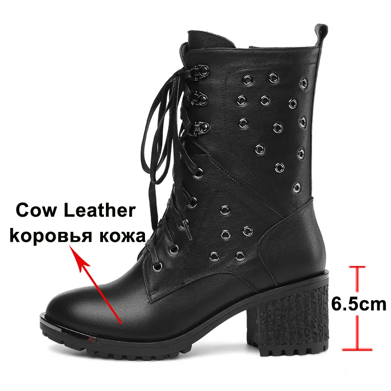Meotina/зимние мотоциклетные ботинки; женские ботильоны из натуральной кожи на толстом высоком каблуке; обувь в стиле панк на молнии; Женская Осенняя обувь; Размеры 35-41