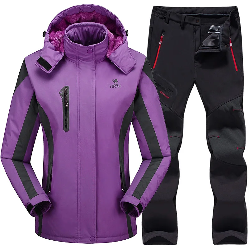 Лыжный костюм для женщин, лыжная куртка, брюки, водонепроницаемый костюм для горных лыж, комплекты для сноуборда, зимняя уличная спортивная флисовая термо одежда - Цвет: Purple