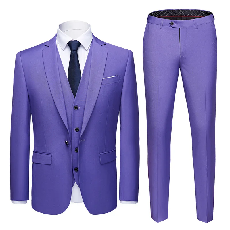 Shenrun мужские костюмы бизнес 3 шт. брюки с жилеткой обтягивающий официальный Повседневный Модный свадебный костюм для выпускного вечера сплошной цвет - Цвет: Light purple 909
