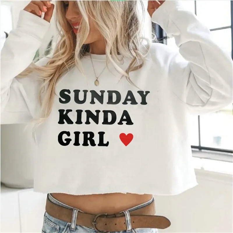 

Sunday Kinda Girl Letter Print Women Cropped Sweatshirt o-Neck Long Sleeve Hoodies Sexy Pullover Crop Ladies korean Vogue Hoodie