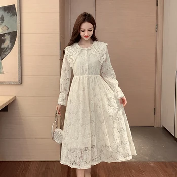 

New Women Long dress Peter pan Collar Floral Lace 2020 JiXianXian Elastic Kidneys Dresses White Apricot 2327