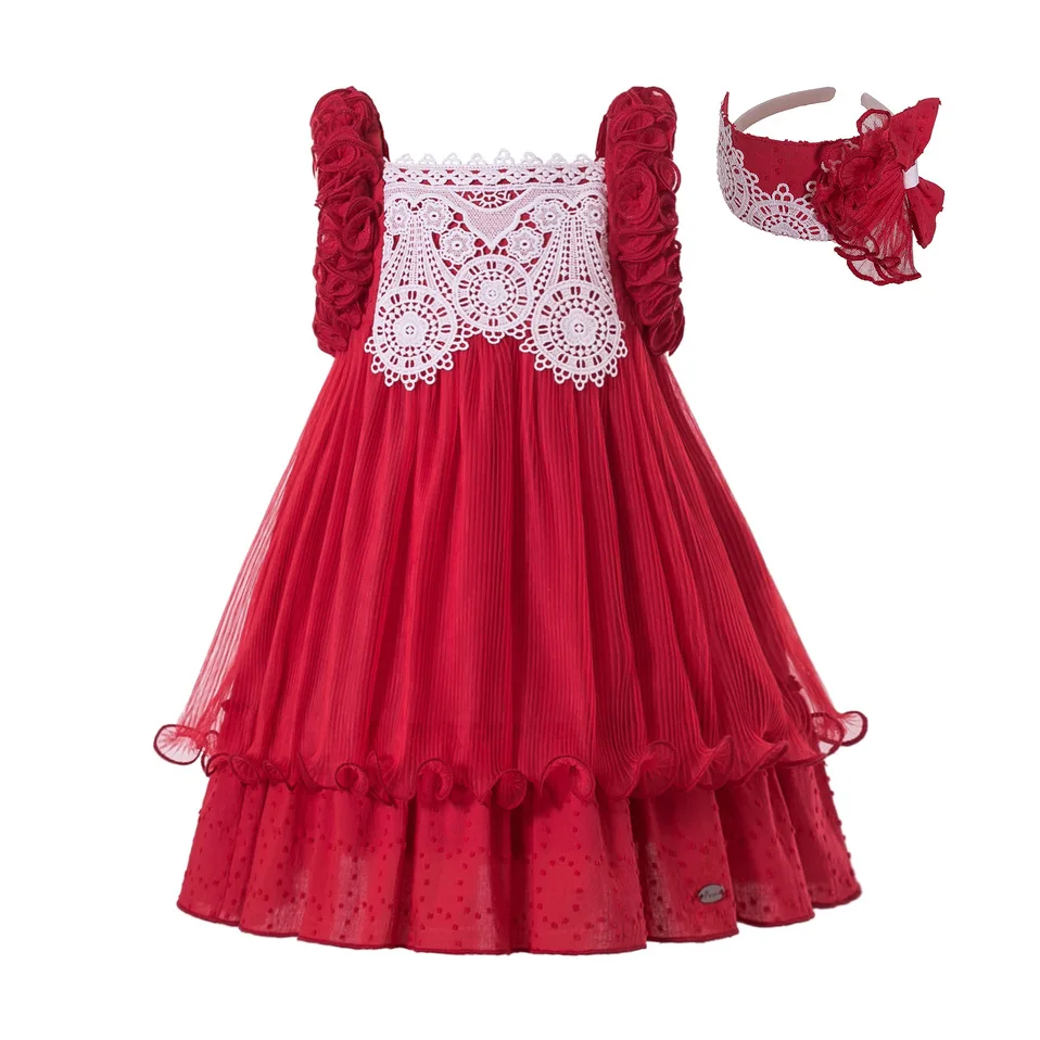 Pettigirl Summer Dress 2020 New Arrival Red Lace Girls Clothes Sleeveless Evening Dresses With Hairband | Детская одежда и обувь