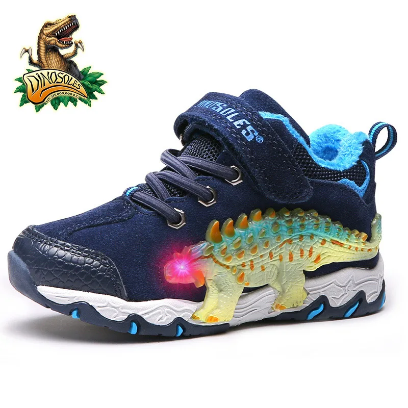 DINOSKULLS LED Glowing Winter Shoes Kids Snow Boots Sneakers Boys Dinosaur 3D Warm Fleece Lining Children Cow Suede Fur Footwear - Цвет: navy-four LED